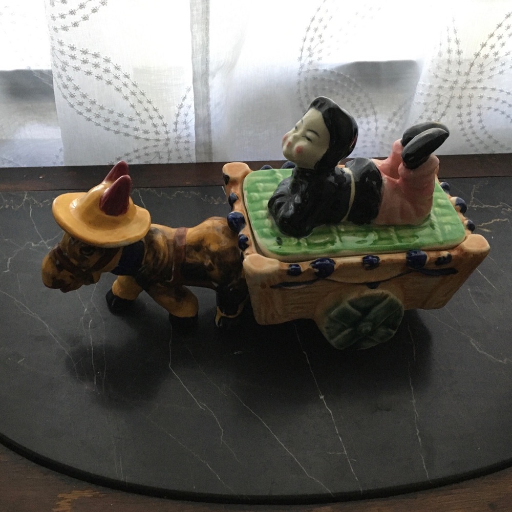 Donkey Pulling Cart Ceramic Trinket Box w Lid